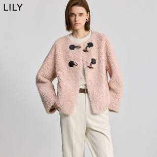 LILY2025冬新款减龄圆领牛角扣圈圈毛气质休闲通勤毛绒外套女短款