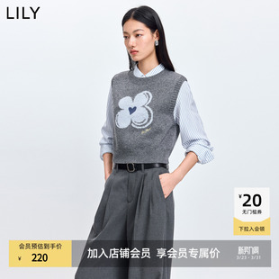 背心马甲 羊毛混纺格雷系幸运花嵌花灰色针织衫 LILY2026春新款 女装