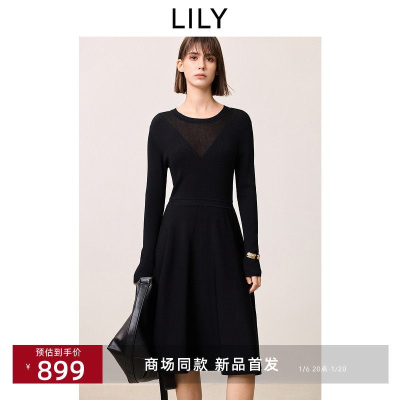 【小黑裙】商场同款LILY2025春新款女装修身圆领黑色针织裙连衣裙