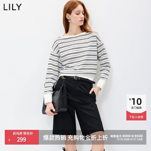 LILY2026秋新款莱赛尔混纺复古撞色条纹宽松通勤长袖套头针织衫女