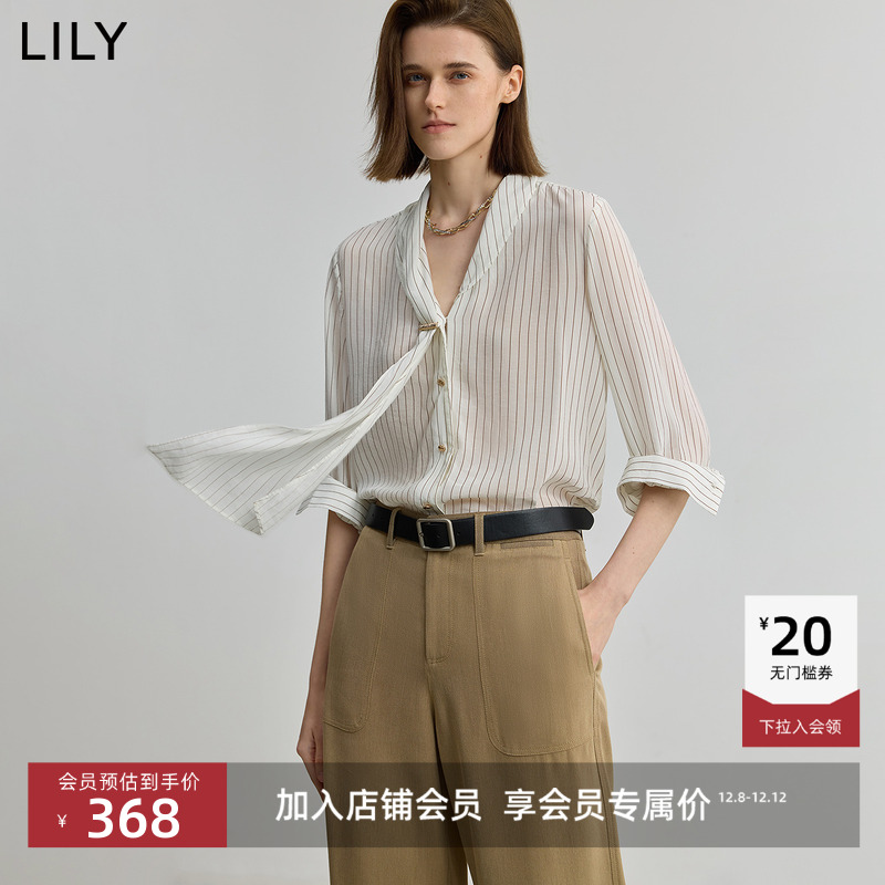 LILY不对称米色法式新款飘带衬衫