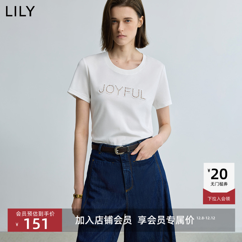 LILY通勤全棉烫钻圆领简约T恤