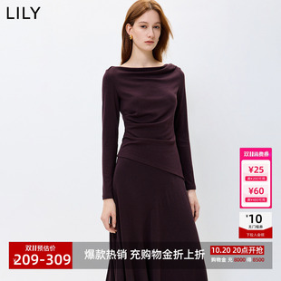 LILY2026秋新款女装复古一字领荡领抽褶收腰休闲通勤修身深色T恤