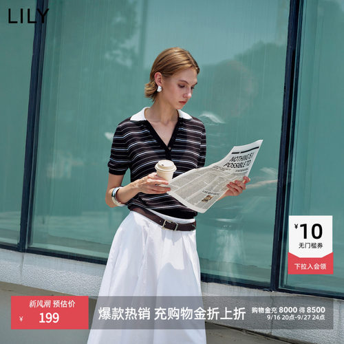 LILY通勤撞色翻领短袖深色针织衫