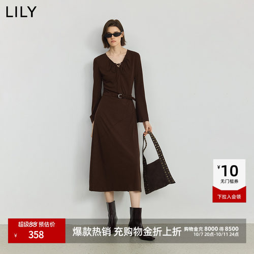 LILY薄款天丝咖色长袖通勤连衣裙