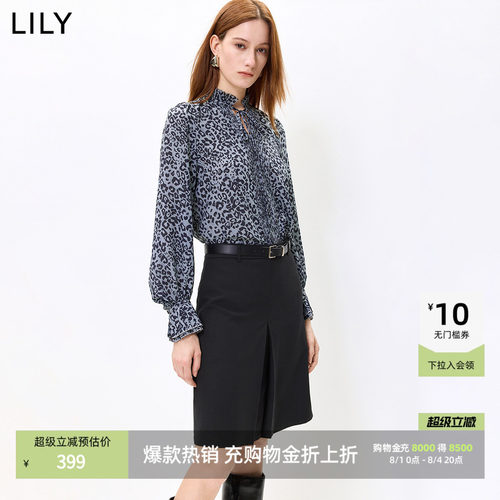 LILY老花立领通勤豹纹套头雪纺衫