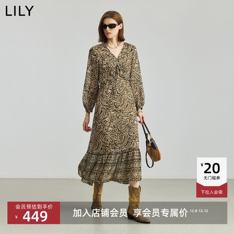 LILY雪纺复古新款V领收腰连衣裙