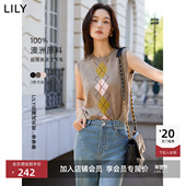 100%美丽诺羊毛LILY2025新款 马甲针织衫 女装 学院风提花菱格无袖