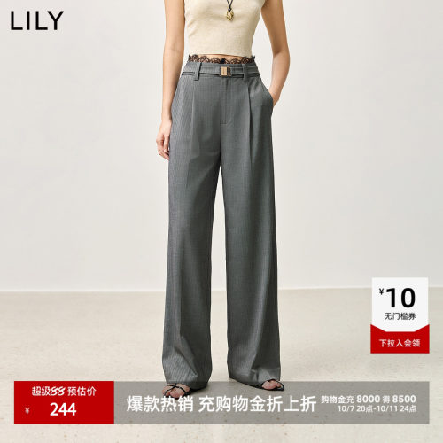 LILY通勤蕾丝拼接女竖条纹阔腿裤