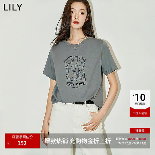 LILY通勤百搭小猫圆领复古短袖
