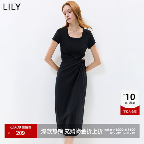 LILY方领收腰不对称纯色连衣裙
