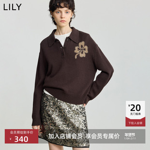 LILY2025冬新款女装羊毛混纺POLO领羽毛纱亮丝休闲通勤深色针织衫