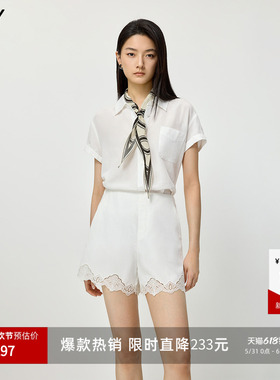 LILY2026夏新款莱赛尔亚麻简约翻领休闲通勤白色短袖雪纺衫女小衫