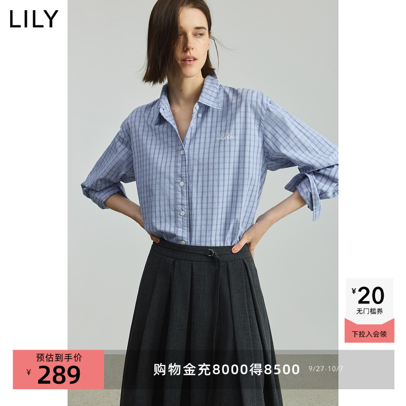 LILY通勤短款纯棉学院风格纹衬衫