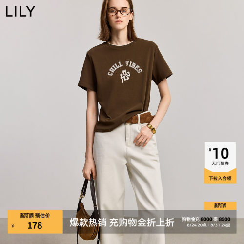 LILY通勤四叶草女装圆领印花短袖