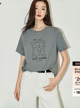 【呼吸TEE】LILY2026夏新款女装复古小猫宽松圆领独特通勤短袖T恤