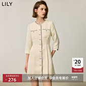 优雅小香风撞色边圆领X型收腰七分袖 LILY冬新款 女装 连衣裙女