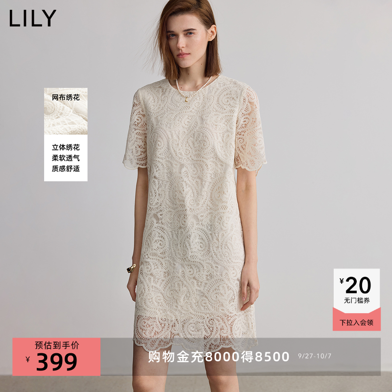 LILY蕾丝短袖圆领镂空连衣裙女