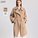 LILY2025冬新款 羊毛桑蚕丝混纺老钱风翻领腰带驼色毛呢大衣外套女