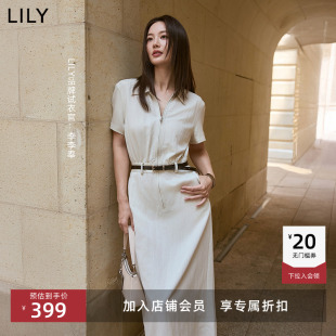 风拉链翻领收腰短袖 简约气质工装 米色连衣裙 女装 LILY2025夏新款