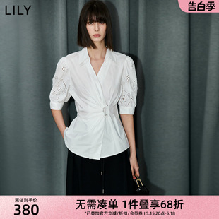 雪纺衫 LILY2024夏新款 衬衫 设计感不对称腰带浪漫泡泡袖 上衣女 女装