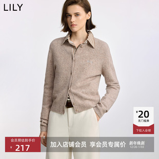 LILY2025冬新款羊毛混纺圆领撞色绣花休闲通勤驼色针织开衫短款女