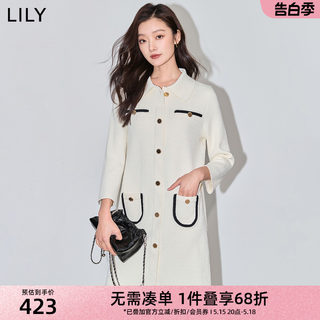 LILY2024春新款女装含绵羊毛复古小香风中长款针织连衣裙小个子女