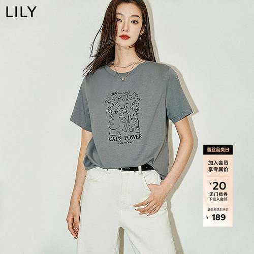 LILY通勤百搭小猫圆领复古短袖