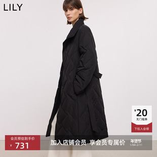 LILY2025冬新款女装复古立领翻领腰带收腰百搭通勤黑色羽绒服外套