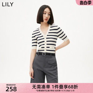 【凉感针织】LILY夏新款女装气质简约复古条纹通勤款修身开衫