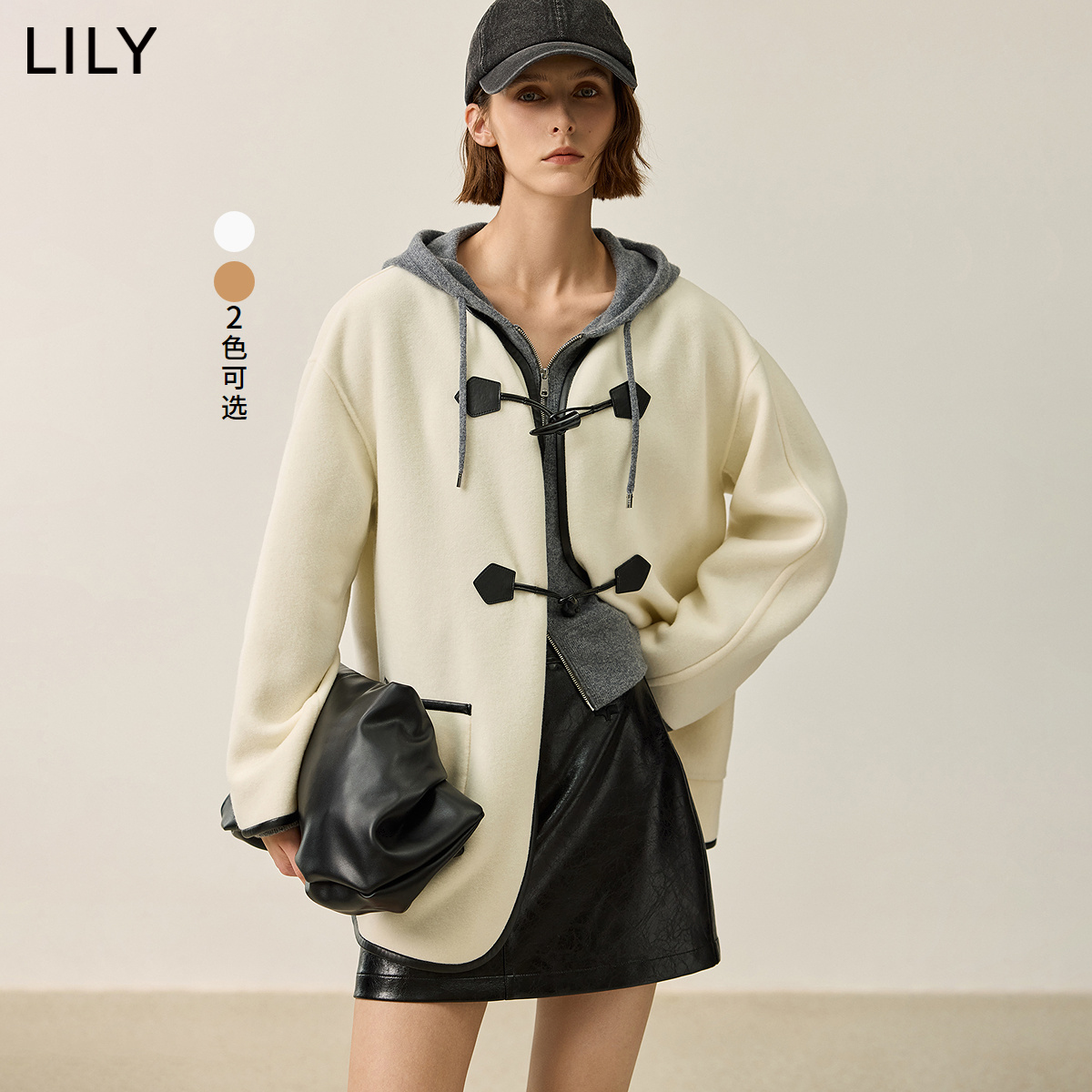 【商场同款】LILY2024冬新款女装100%绵羊毛无领牛角扣双面呢外套