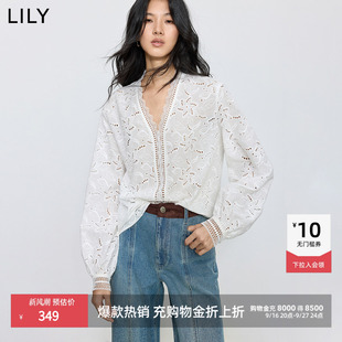 LILY2026秋季新款法式镂空雪纺衫高端气质通勤白色V领蕾丝女上衣