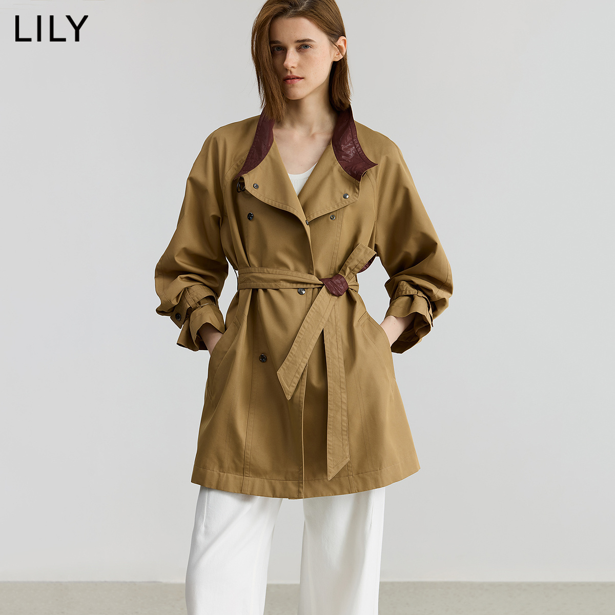 【商场同款】LILY2025秋新款复古老钱风立领收腰风衣外套女中长款