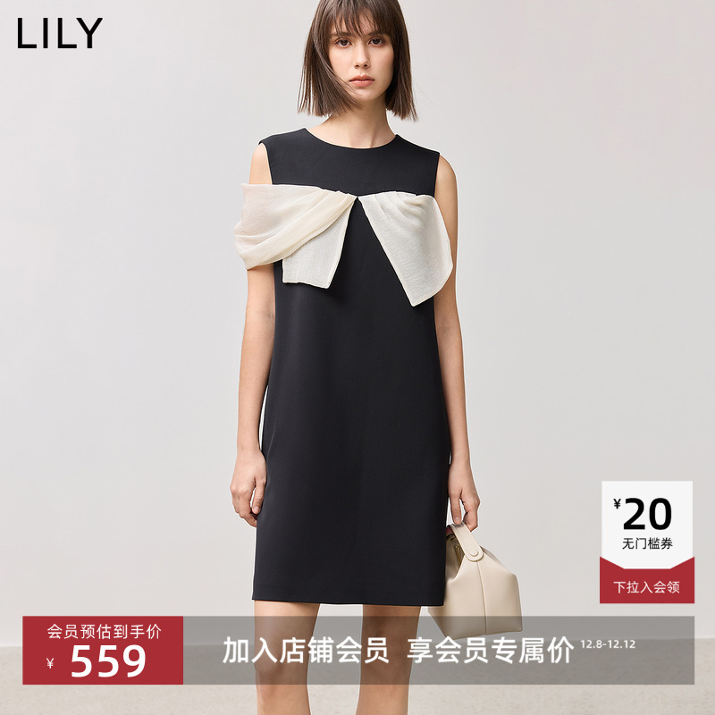 LILY撞色无袖简约直筒小黑裙