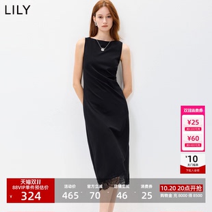LILY2026秋新款复古一字领收腰蕾丝拼接气质通勤黑色无袖连衣裙女