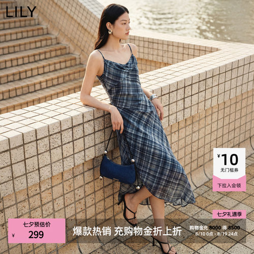 LILY通勤方领设计感格纹连衣裙