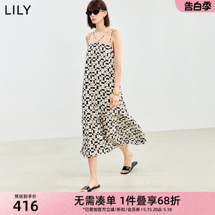 浪漫印花荷叶花边A摆不对称肩带设计吊带连衣裙 LILY2024夏季 新品