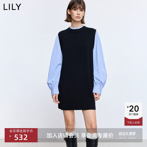 LILY通勤复古长袖拼接深色连衣裙
