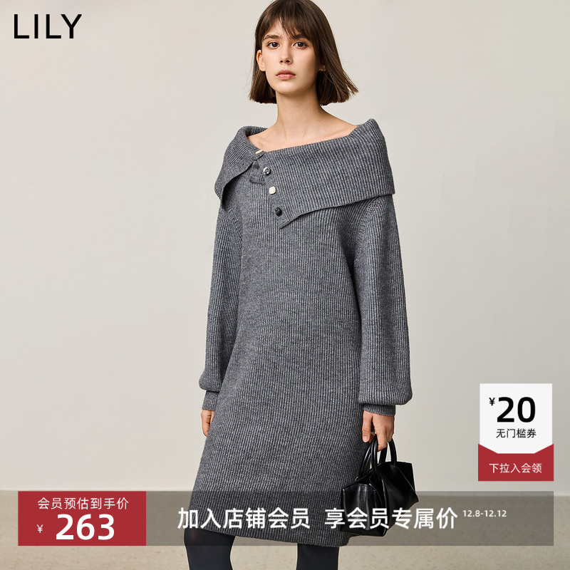 LILY设计感不对称直筒针织连衣裙