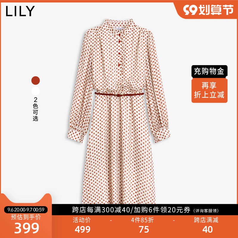 LILY2022秋新款女装复古波点泡泡袖高腰长裙通勤长袖雪纺连衣裙
