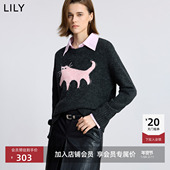 含羊毛撞色猫咪提花套头圆领休闲针织衫 LILY2025冬新款 女装 毛衣