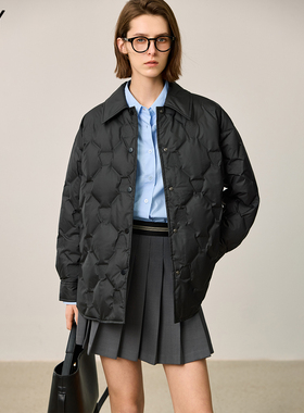 LILY2025冬新款女装经典菱格纹衬衫领90鸭绒黑色羽绒服外套中长款
