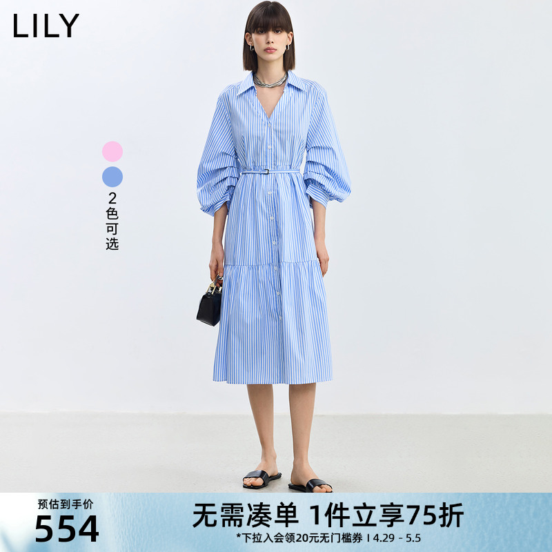 LILY2024夏新款女装复古时尚条纹通勤款显瘦腰带气质衬衫连衣裙女