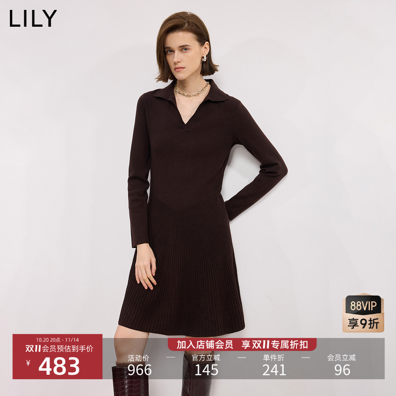 LILY2025冬新款含羊毛复古翻领修身收腰气质通勤深色长袖连衣裙女