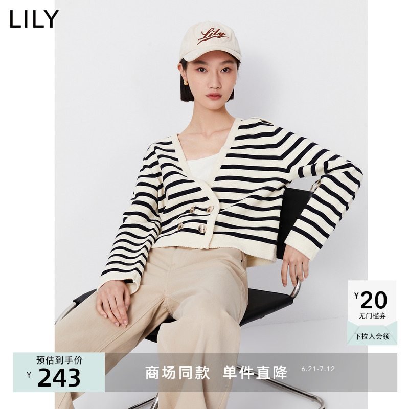 【专柜甄选】LILY2024春新款女装复古条纹小香风双排扣针织开衫女