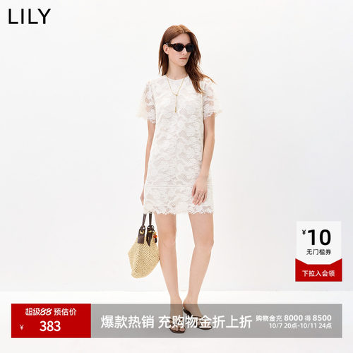 LILY钩花通勤蕾丝短袖法式连衣裙