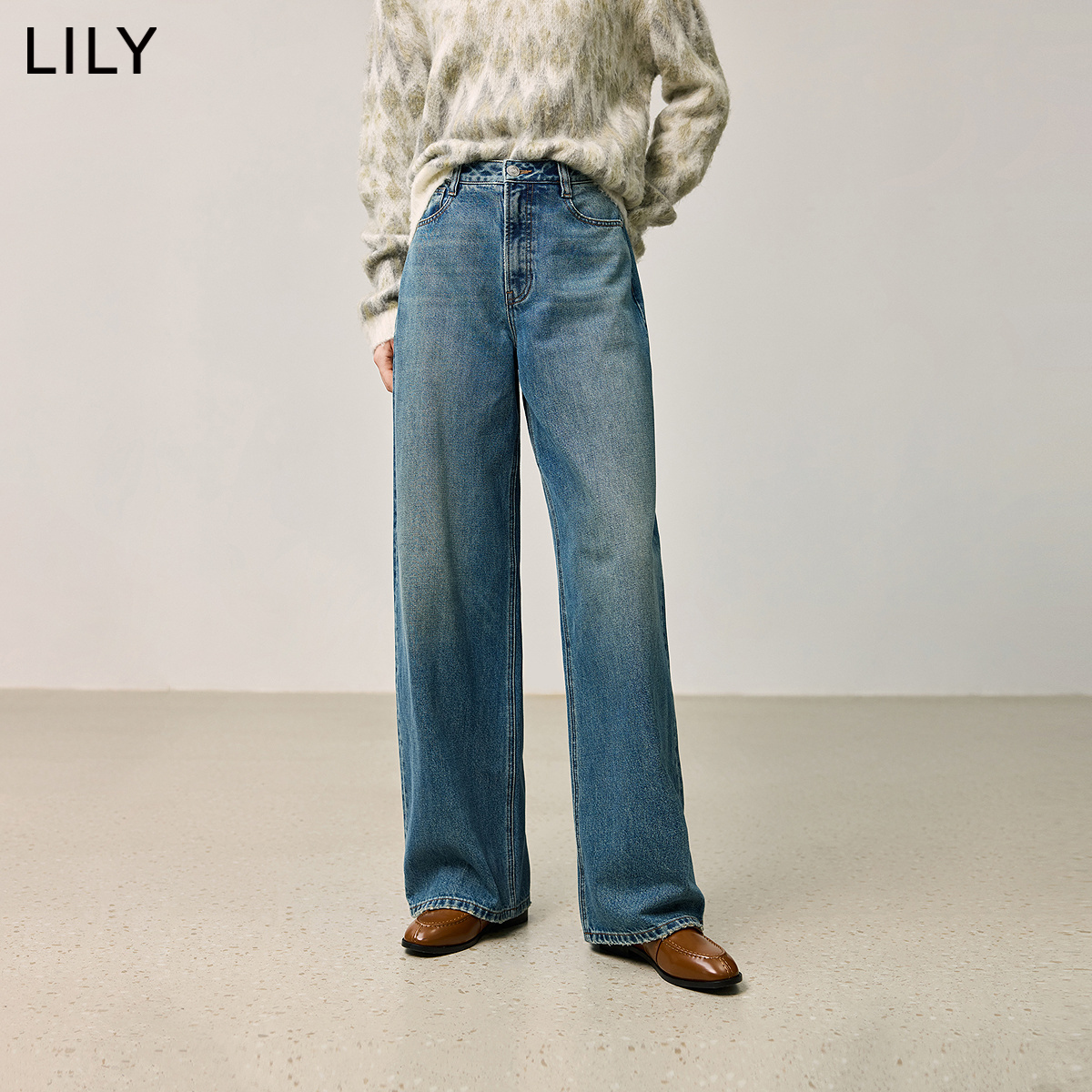 【商场同款】LILY2024冬新款女装棉质茧型休闲拖地阔腿裤牛仔裤女