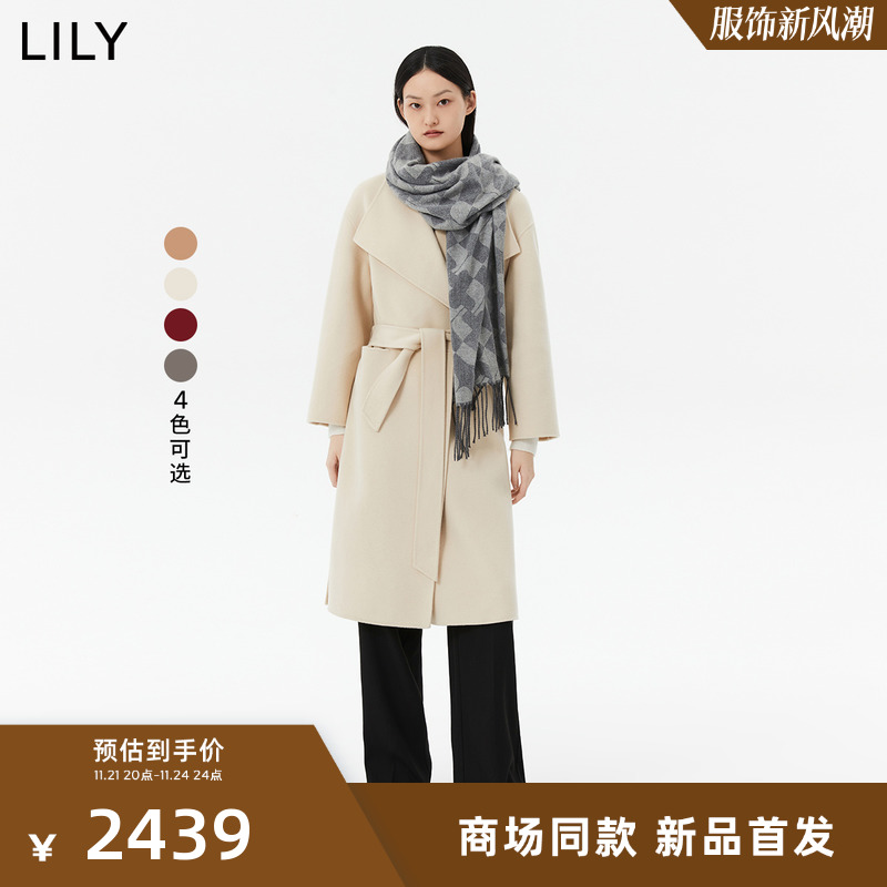 【专柜甄选】LILY2023冬新款女装绵羊毛含山羊绒长款毛呢外套大衣