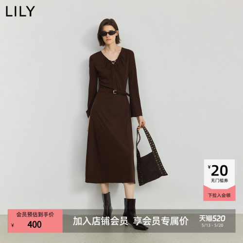 LILY薄款天丝咖色长袖通勤连衣裙