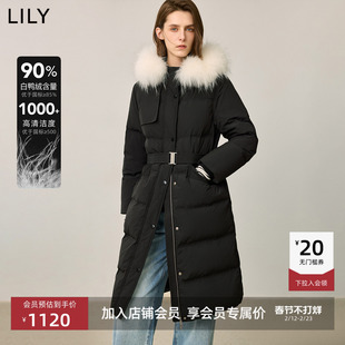 LILY冬新款女装貉子毛领保暖被子款收腰90鸭绒连帽羽绒服女款